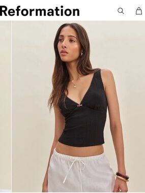 Brand New Reformation Black Rue Pointelle V-Neck Crop Top